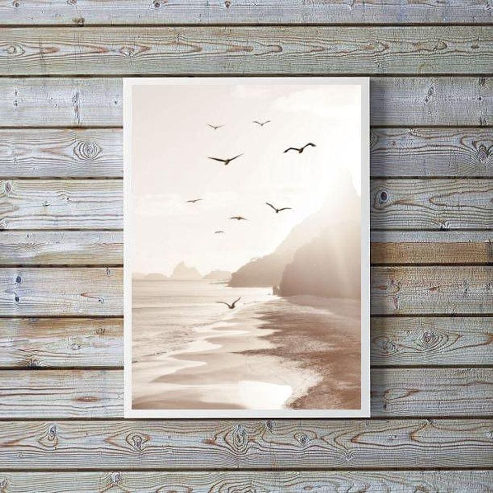 Quadro Fotografia Branca Bege Praia Mar 45X34Cm - Com Vidro