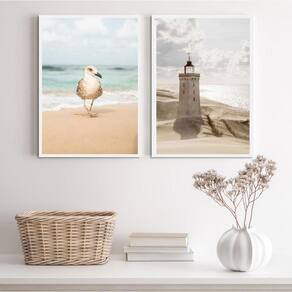 Kit 2 Quadros Praia Branco E Bege- Gaivota Farol 45X34Cm