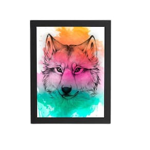 Quadro Lobo Animais Arte Aquarela Moldura Preta 60X40Cm