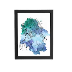 Jesus Cristo Aquarela Azul Quadro Moldura Preta 60X40Cm