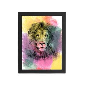 Quadro Leão Animais Aquarela Arte Moldura Preta 60X40Cm