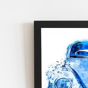 Fusca Arte Aquarela Azul Carro Quadro Moldura Preta 60X40Cm