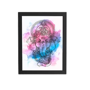 Quadro Ganesha Hindu Aquarela Arte Moldura Preta 60X40Cm