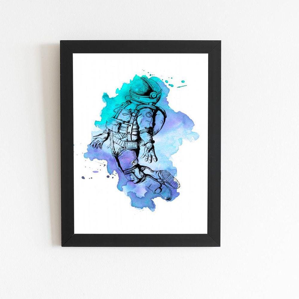 Astronauta Azul Arte Aquarela Quadro Moldura Preta 60X40Cm