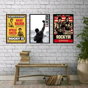 Kit 3 Quadros Rocky Balboa Lutas 33x24cm Madeira Preta