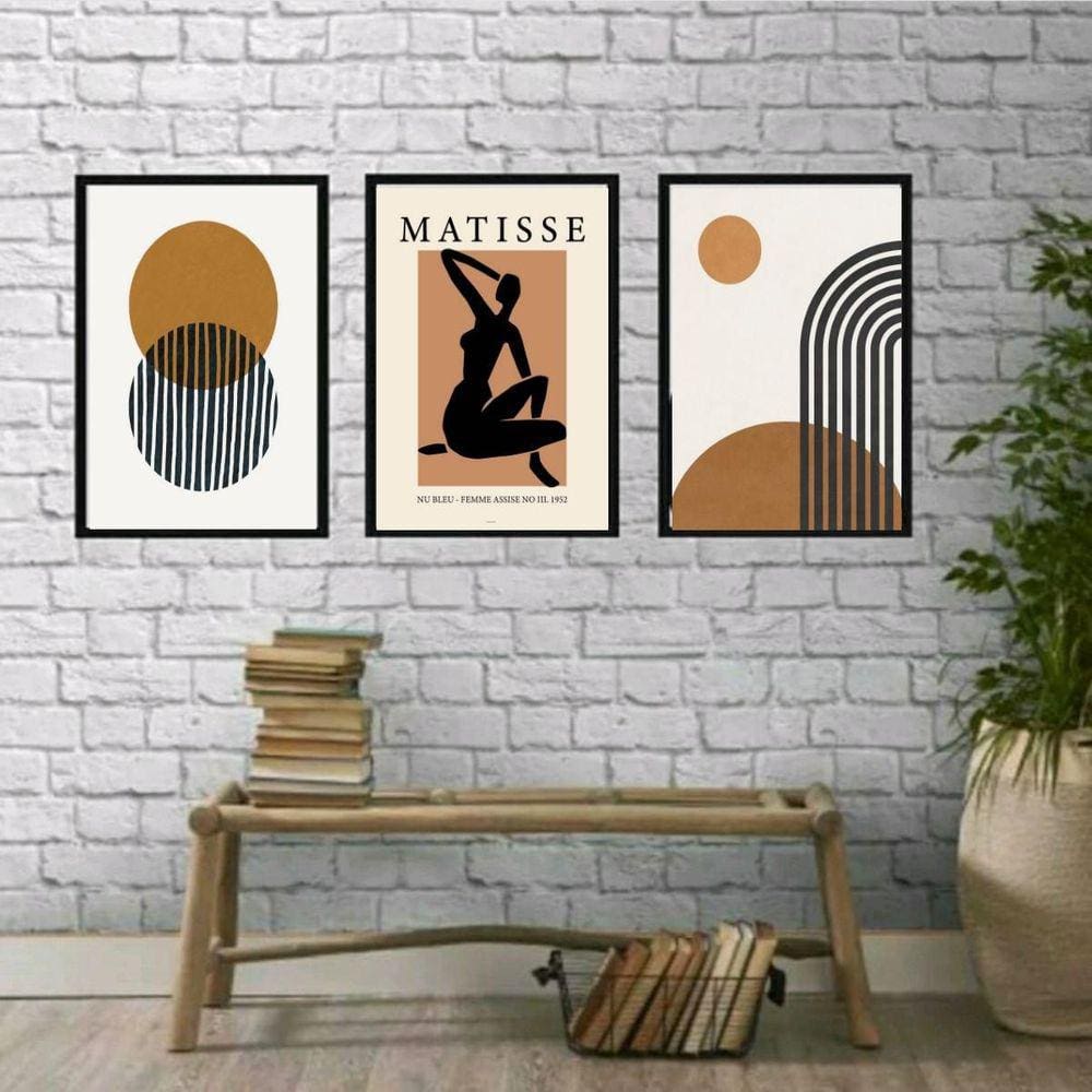 Kit 3 Quadros Decoração Minimalista Marrom 33x24cm c/ Vidro
