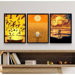 Kit 3 Quadros Van Gogh Amarelos - 45x34cm - Vidro Branco