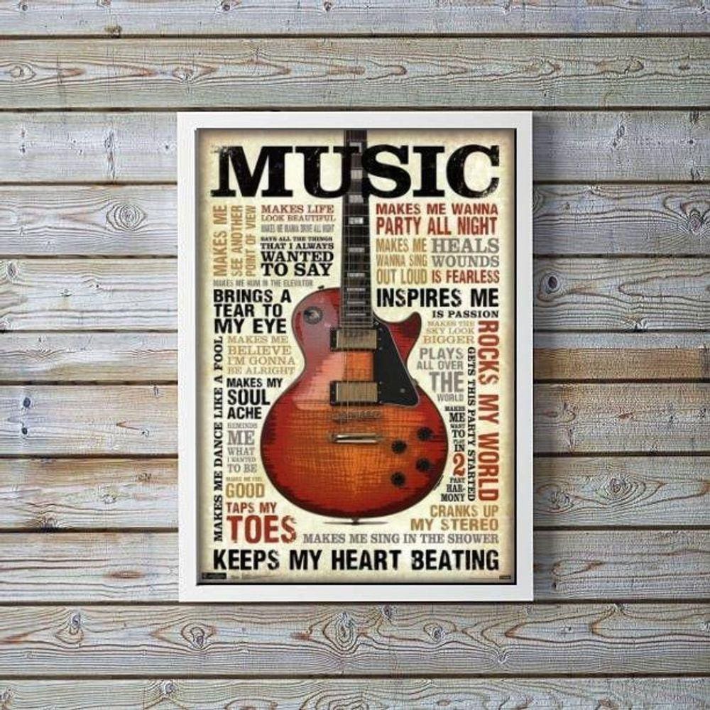 Quadro Decorativo Guitarra Music Marrom 33x24cm - Com Vidro