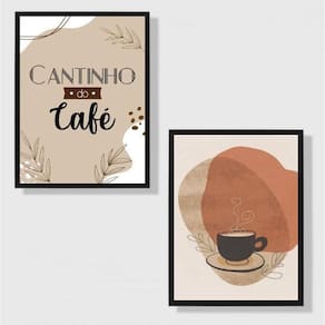 Kit 2 Quadros Cantinho Do Café Abstrato 45X34Cm Vidro Preta