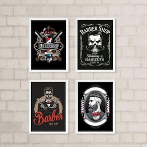Kit 4 Quadros Barbearia 33x24cm - Madeira Branca+Vidro