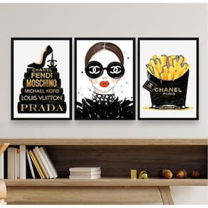 Kit 3 Quadros Fashion Marcas Famosas 24x18cm - Vidro