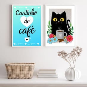 Kit 2 Quadros Café Gatinho Azul 24x18cm - Madeira Preta