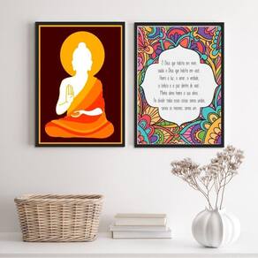 Kit 2 Quadros Zen Buda 45x34cm - Vidro, Moldura Preta