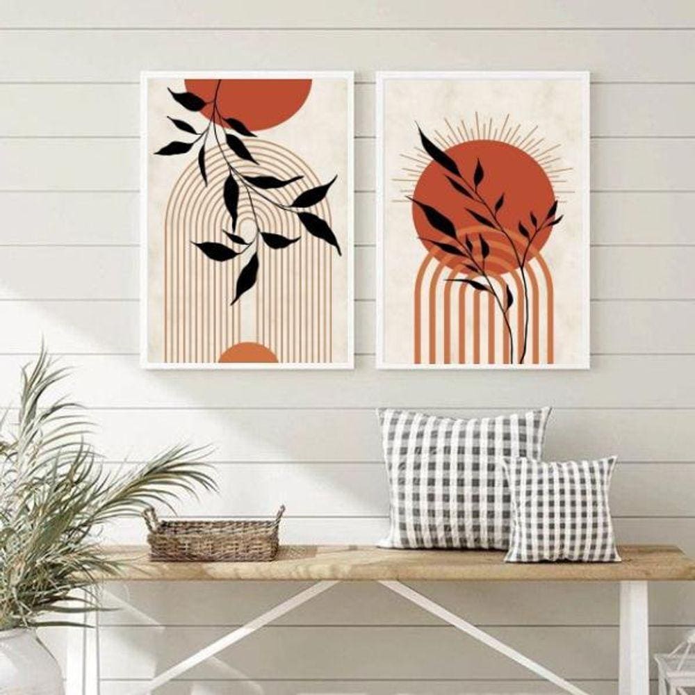 Kit 2 Quadros Decorativos Boho Sol Folhas 45x34cm - Madeira Preta