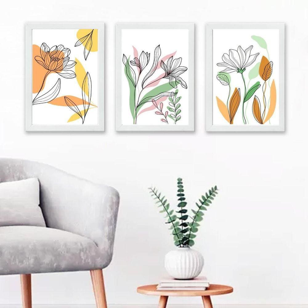 Kit 3 Quadros Flores Soft Aquarela 33x24cm Madeira Branca