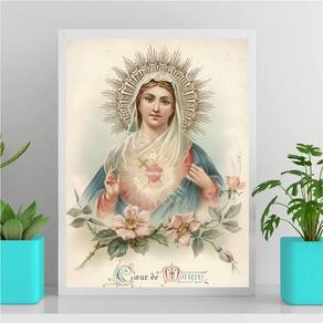 Quadro Sagrado Coração de Maria Vintage 33x24cm Vidro Branca