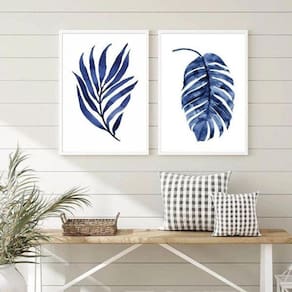 Quadros Minimalistas Folhas Azuis 24x18cm | Moldura Branca
