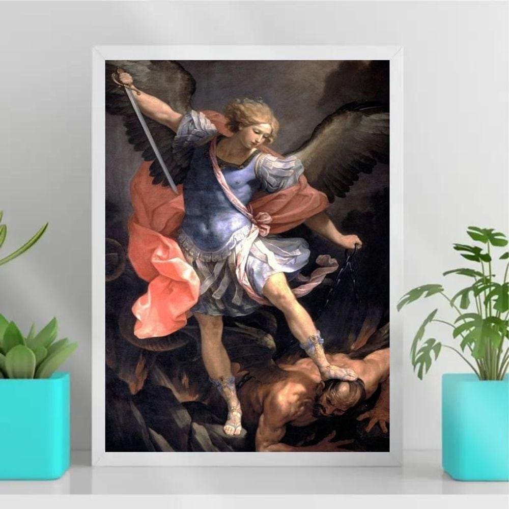 Quadro Católico São Miguel Arcanjo 33x24cm - Vidro Branca