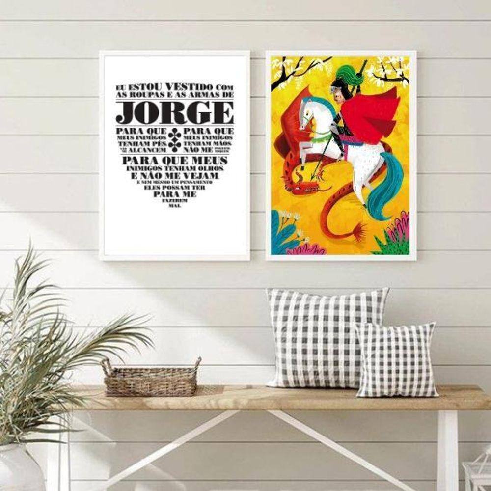 Kit 2 Quadros São Jorge Oração 33x24cm - com Vidro