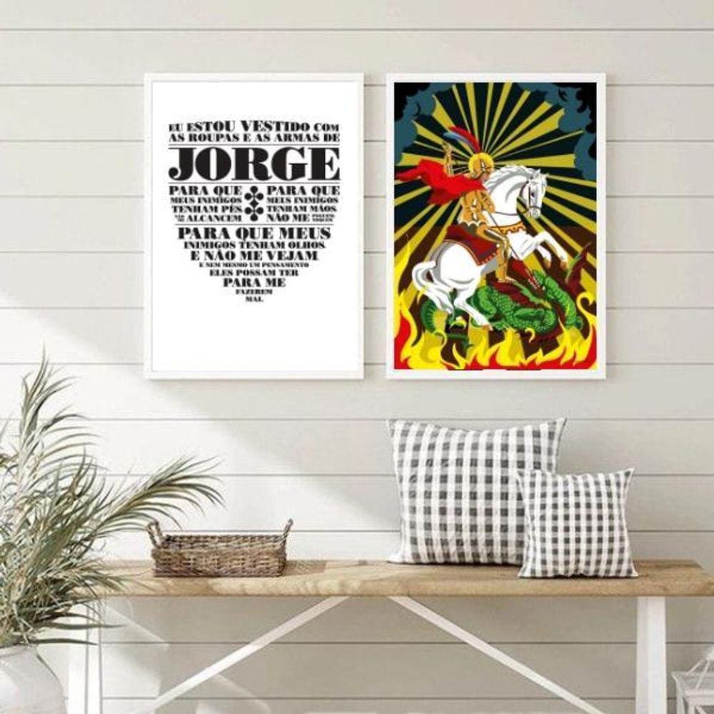 Kit 2 Quadros São Jorge 45x34cm - Vidro e Moldura Branca