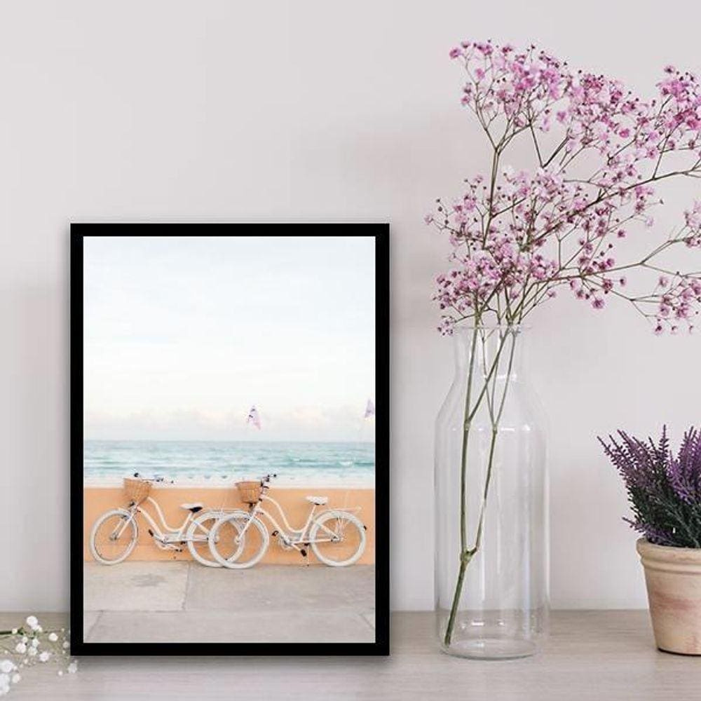 Quadro Fotografia Praia Bicicletas 24X18Cm Madeira Preta