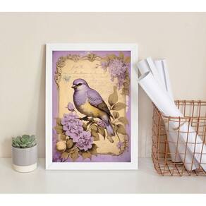 Quadro Decorativo Vintage Passarinho Lilás 24x18cm - Vidro e Moldura