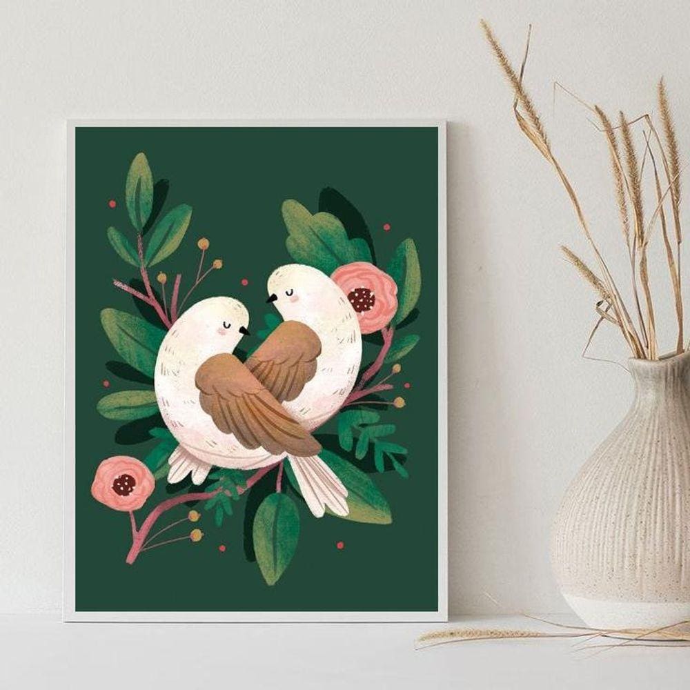 Quadro Casal De Passarinhos Retrô Vintage 45X34Cm - Vidro