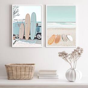 Kit 3 Quadros Praia Soft Surf 45x34cm - Vidro e Moldura