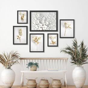 Kit 6 Quadros Flores - Branco/Dourado - Madeira - 18x24cm