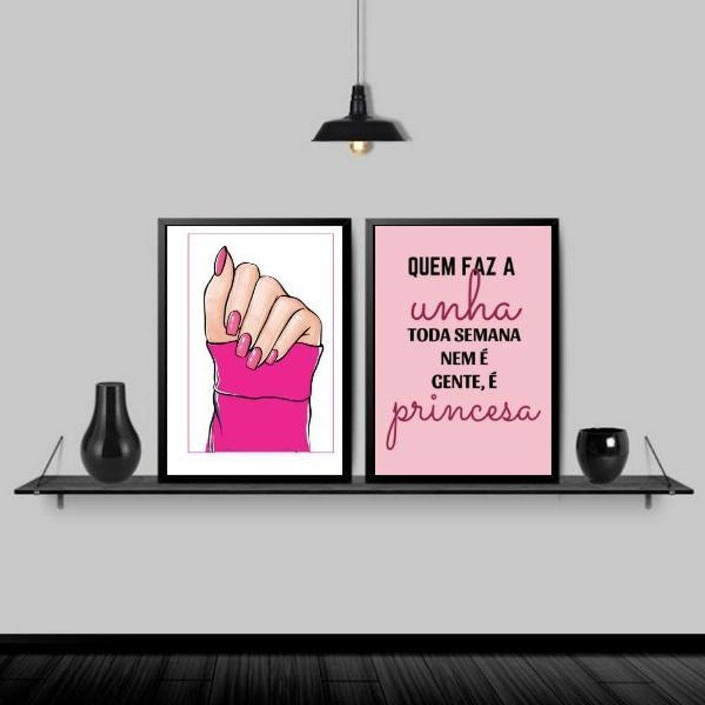 Kit 2 Quadros Quem Faz A Unha Toda Semana É Princesa 24X18Cm Preta