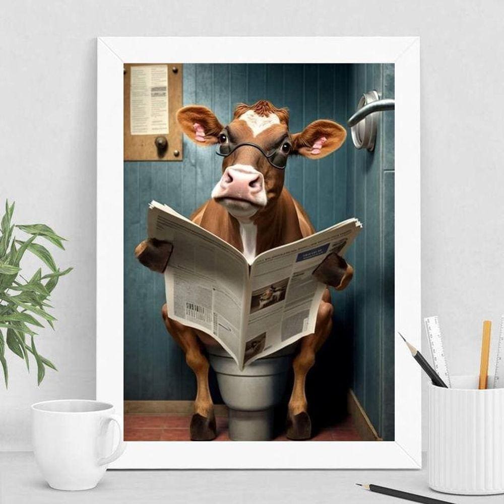 Quadro Vaca Banheiro Jornal 45x34cm - Vidro Moldura Branca