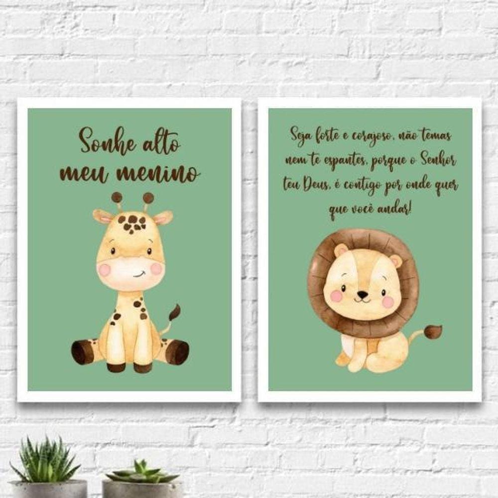 Kit 2 Quadros Infantil Tema Safari Sonhe 33X24 Vidro Branca