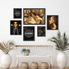Kit 6 Quadros Pretos Dourados - Moldura Branca - Várias Medidas