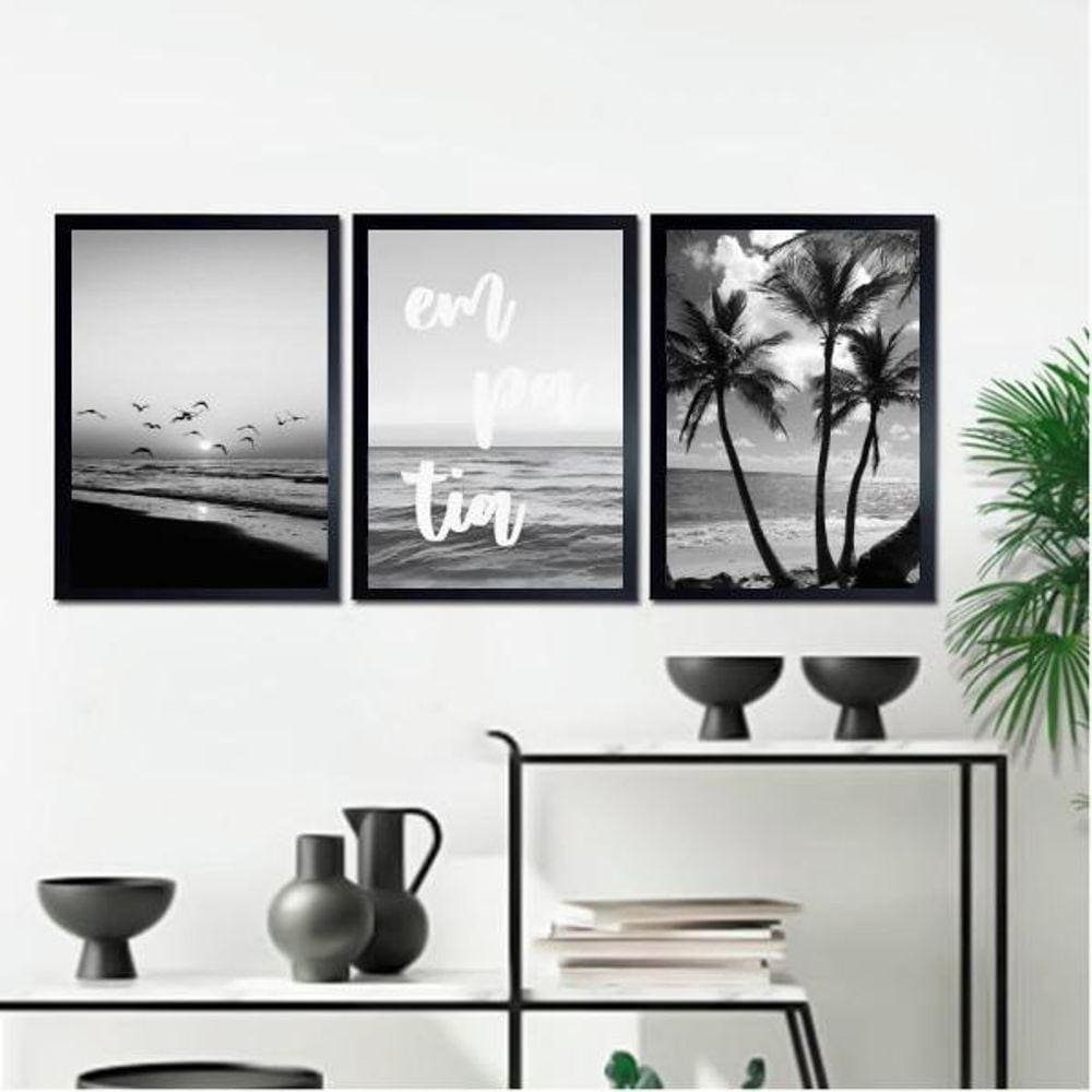 Kit 3 Quadros Praia Preto E Branco Empatia 45X34Cm - Vidro
