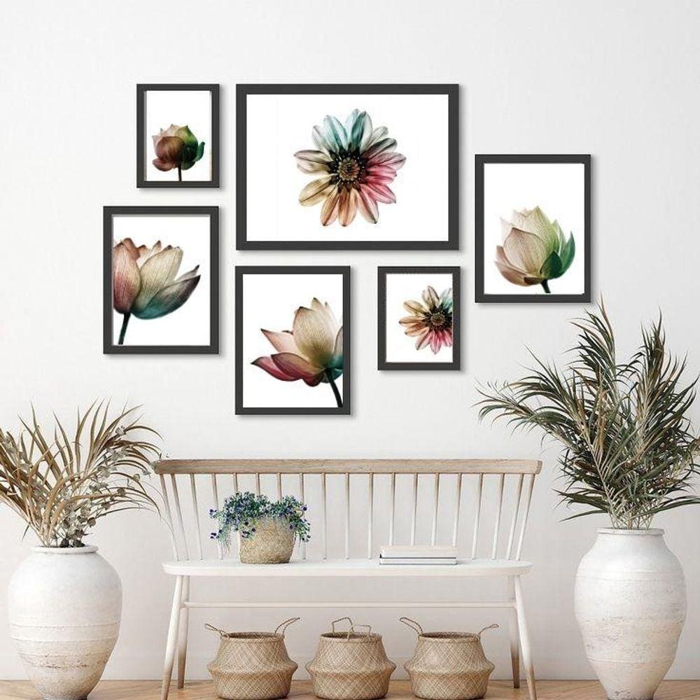 Kit 6 Quadros Florais - Moldura Madeira - 3 Tamanhos