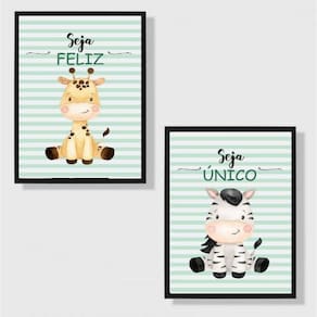 Kit 2 Quadros Infantil Tema Safari Seja Feliz 45X34Cm Preta