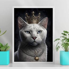 Quadro Gato Branco Com Coroa 45x34cm - Madeira Branca