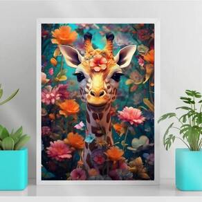 Quadro decorativo girafa flores 33x24cm - Moldura branca