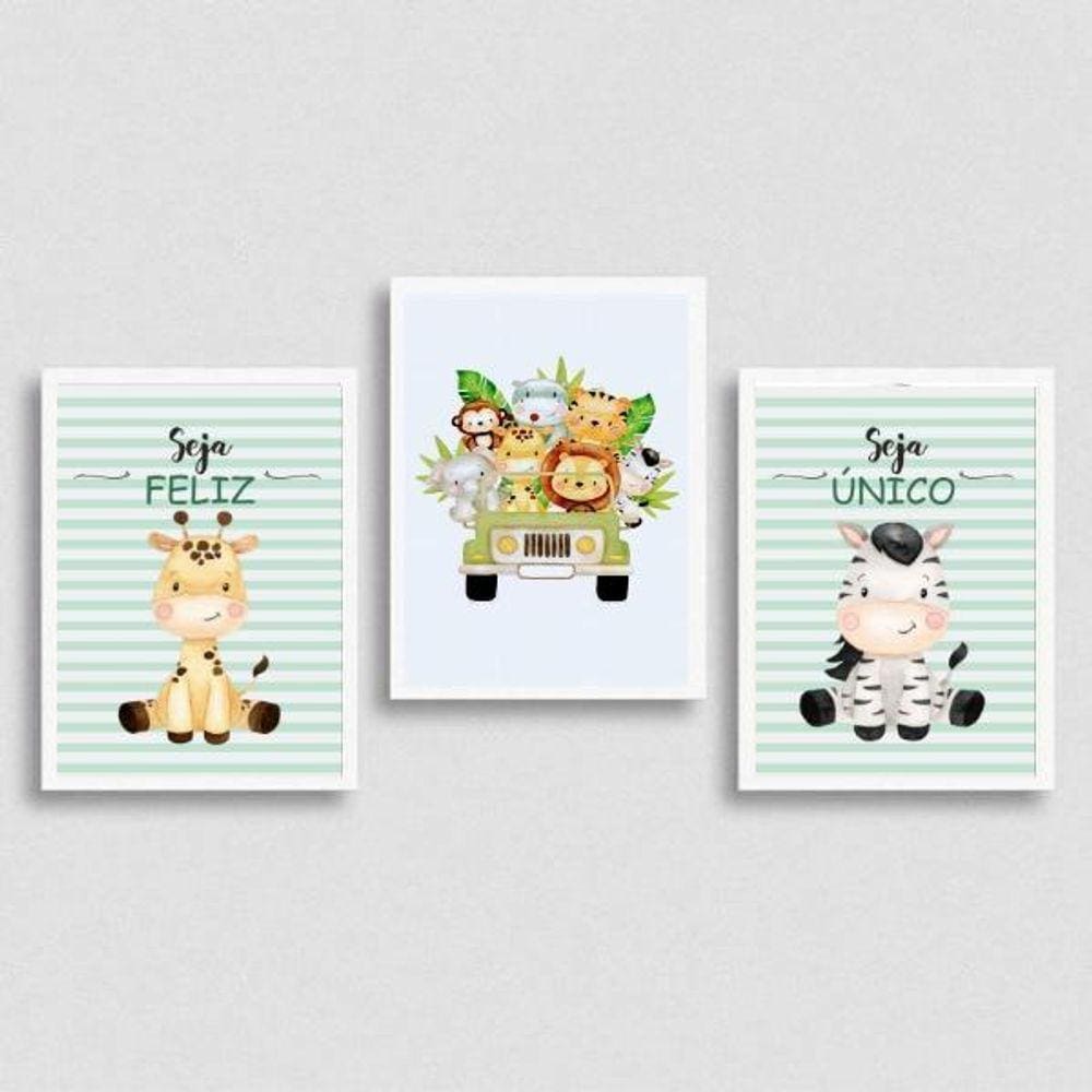 Kit 3 Quadros Safari Infantil 45x34cm Branca