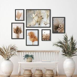 Kit 6 Quadros Neutros Folhas e Flores - Madeira Branca