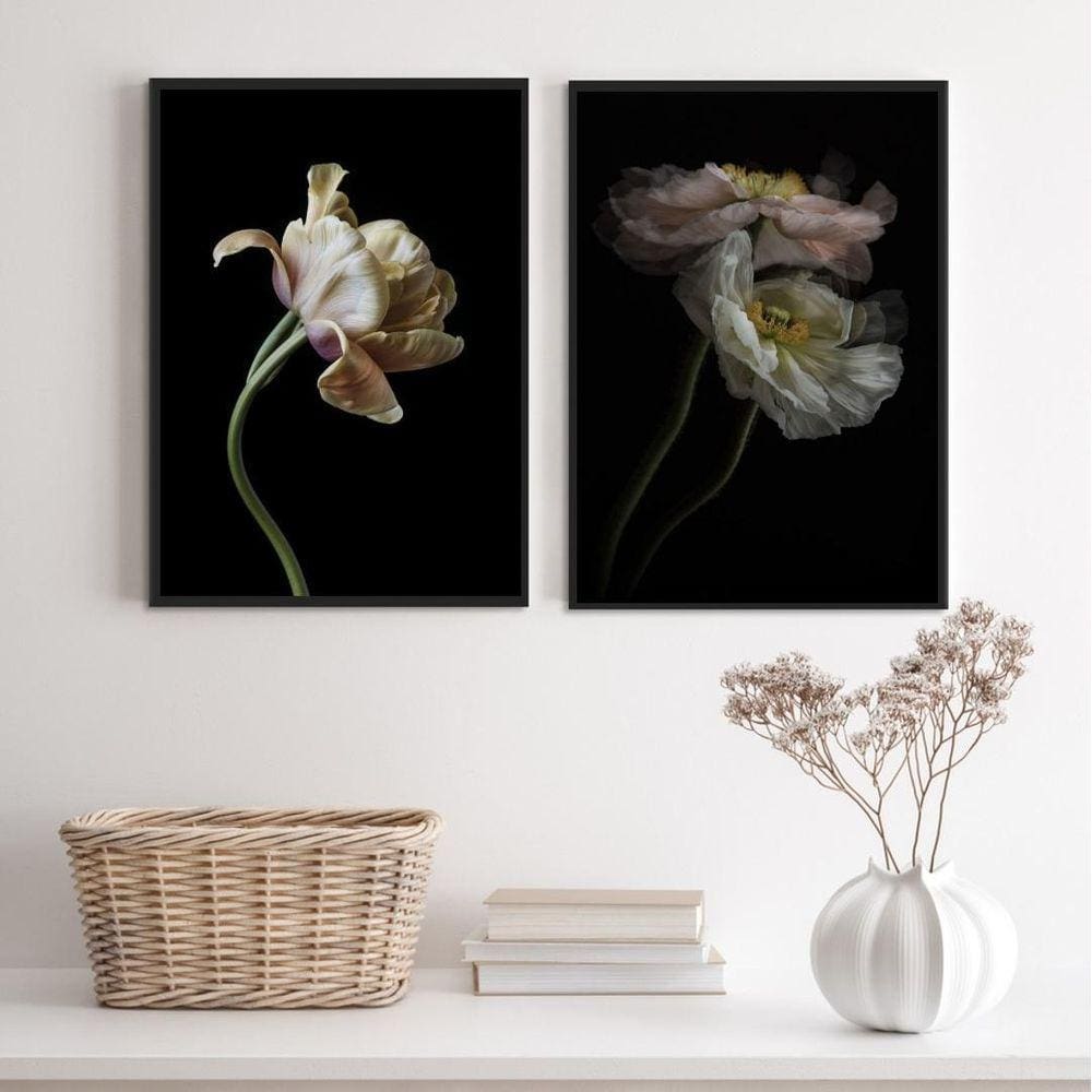 Kit 2 Quadros Flores Bege Preto 33x24cm - Vidro