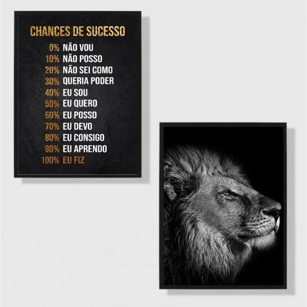 Kit 2 Quadros Motivacionais Leão Sucesso - 24x18cm