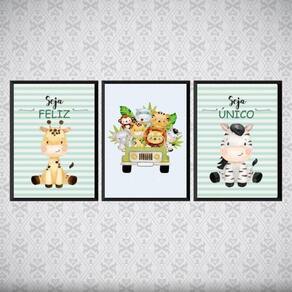 Kit 3 Quadros Tema Safari Infantil 33x24cm - Madeira Preta