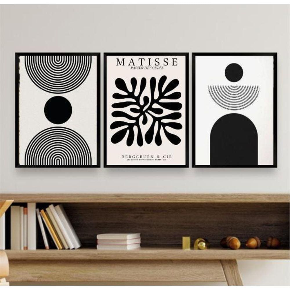 Kit 3 Quadros Abstratos Geométricos 45x34cm - Vidro Preto
