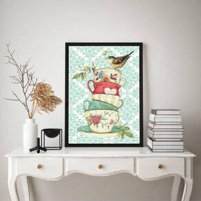 Quadro Vintage Xíc. Passarinho 33x24cm - Vidro/Moldura Preta