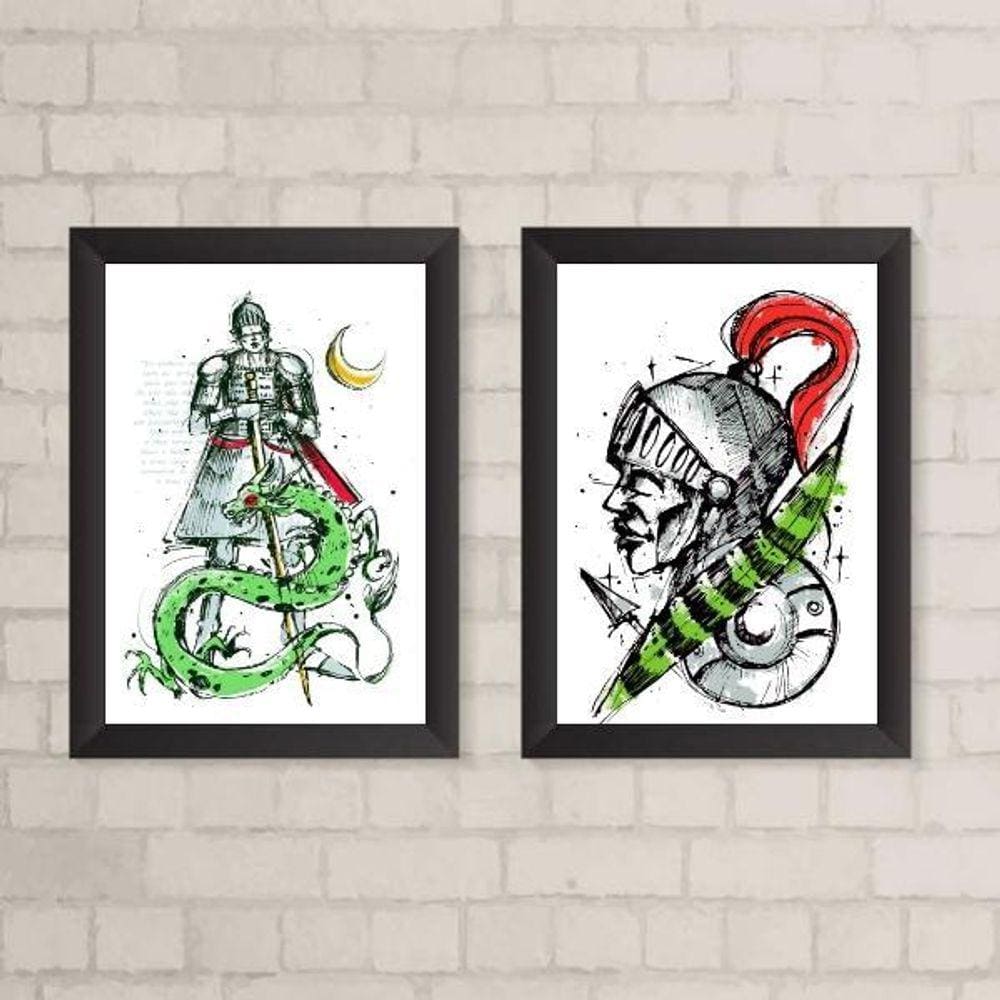 Kit 2 Quadros São Jorge 24x18cm Moldura Preta