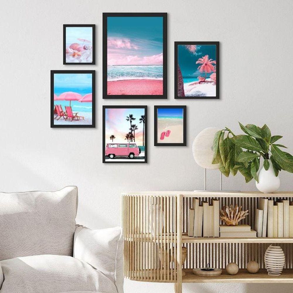 Kit 6 Quadros Praia Azul e Rosa - Moldura Preta