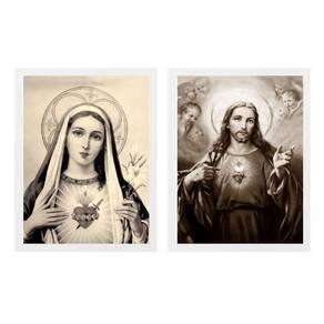 Kit 2 Quadros Sagrado Coração De Jesus E Maria Sépia 24X18Cm