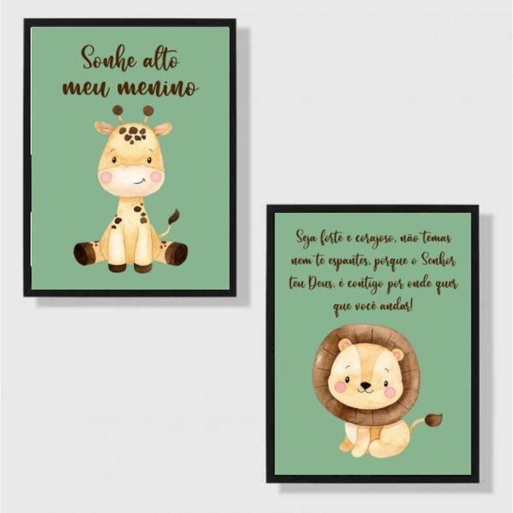 Kit 2 Quadros Infantil Tema Safari Sonhe 33X24Cm Vidro Preta