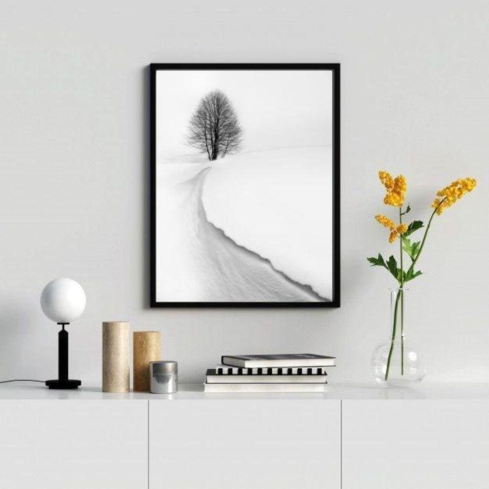 Quadro Paisagem Neve Árvore 45x34cm - Madeira Preta